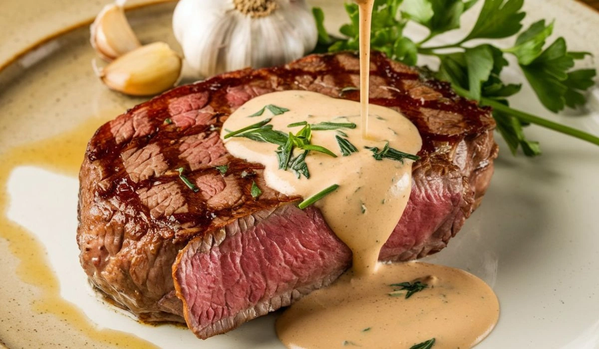 Steak with garlic cream sauce